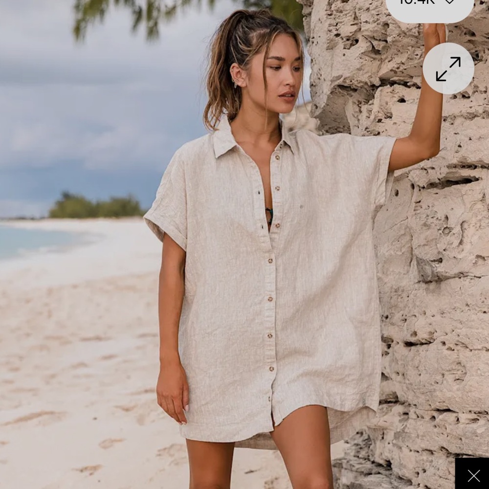 Relaxed Button-Front Linen Shirt Dress in Natural
